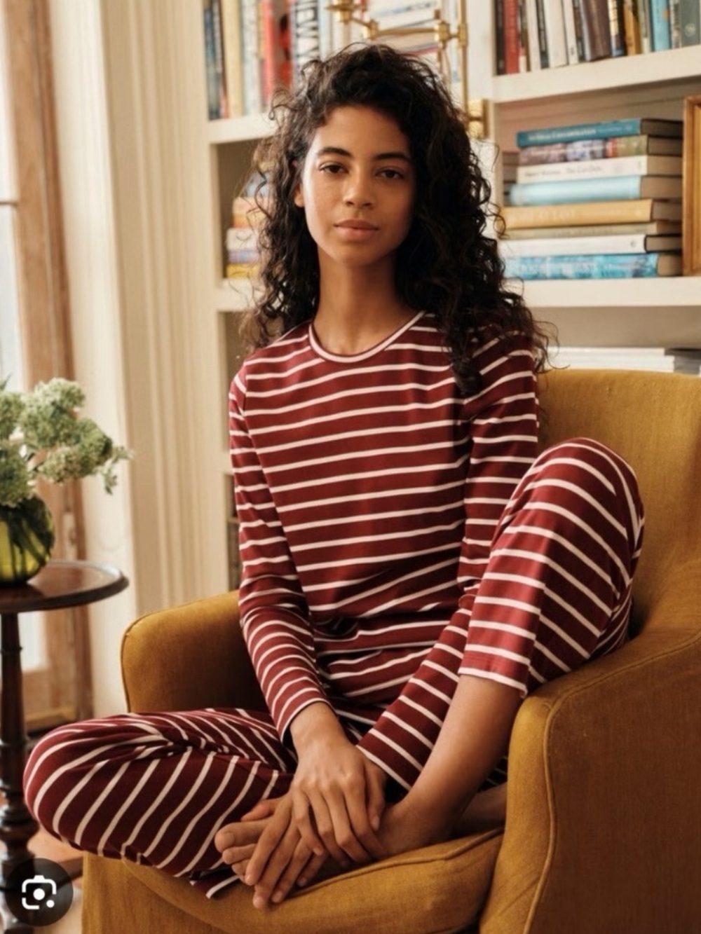 LAKE Burgundy & White Striped Long-Sleeve Tee set, Pima cotton, size L